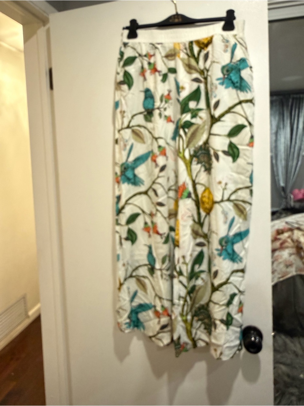 White Floral & Teal Bird Print Midi Skirt